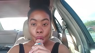 Ebony Big Lips Sucking Ice cream Pop Outside in Car - Cami Creams