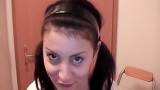 Adorable teen pornstar with pigtails fingering her pussy before getting slammed hardcore