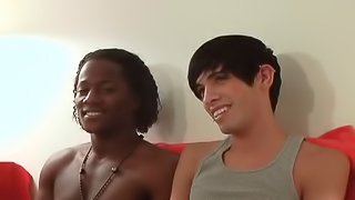 Ebony-skinned gay guy with a slim body sucking a big white cock